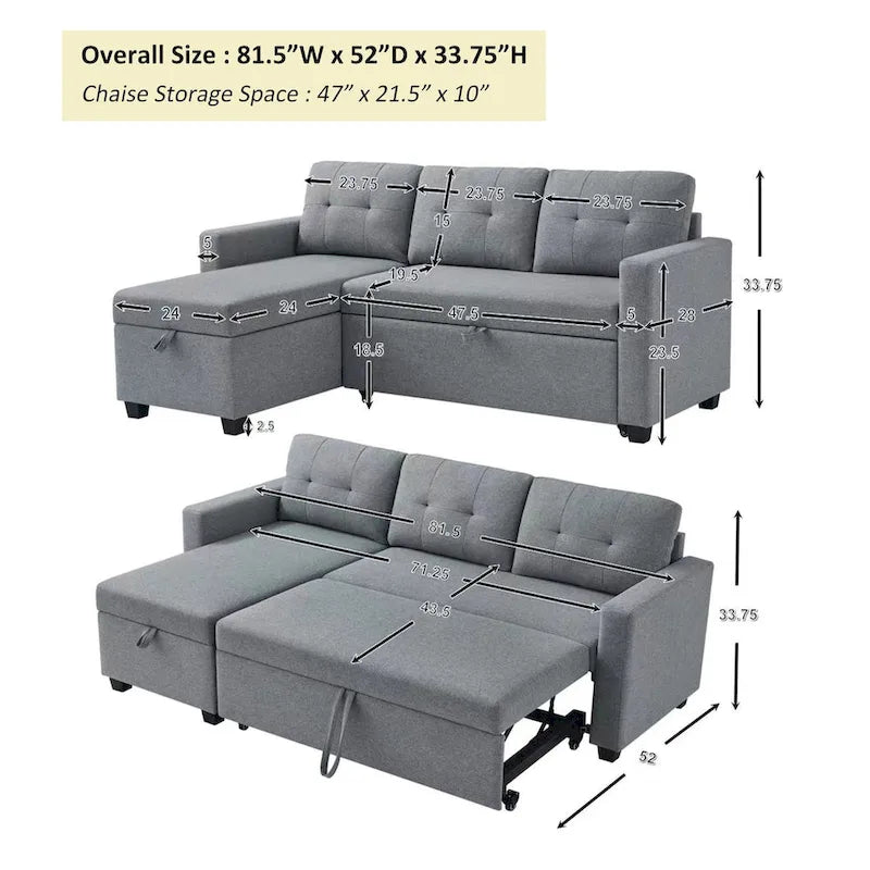 Canapé convertible d'angle rembourré avec coussins réglables et rangement intégré