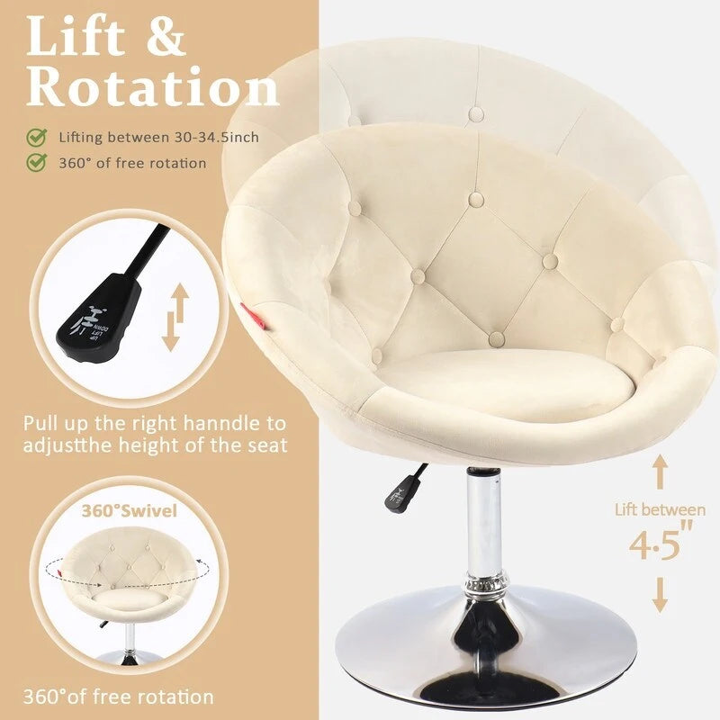 Fauteuil d'appoint pivotant moderne en velours capitonné, réglable en hauteur, rotation à 360°, rose gris blanc