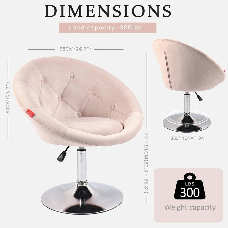 Fauteuil d'appoint pivotant moderne en velours capitonné, réglable en hauteur, rotation à 360°, rose gris blanc