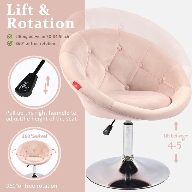Fauteuil d'appoint pivotant moderne en velours capitonné, réglable en hauteur, rotation à 360°, rose gris blanc