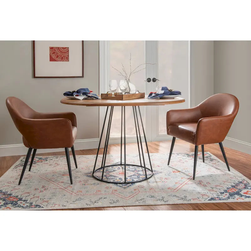 Table à manger ronde en pin massif avec piètement en métal noir