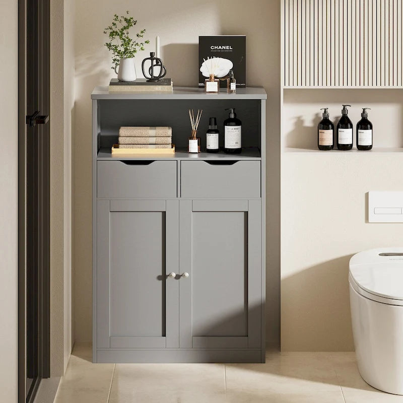 Meuble de rangement de salle de bain autoportant avec tiroirs et étagère ouverte, blanc