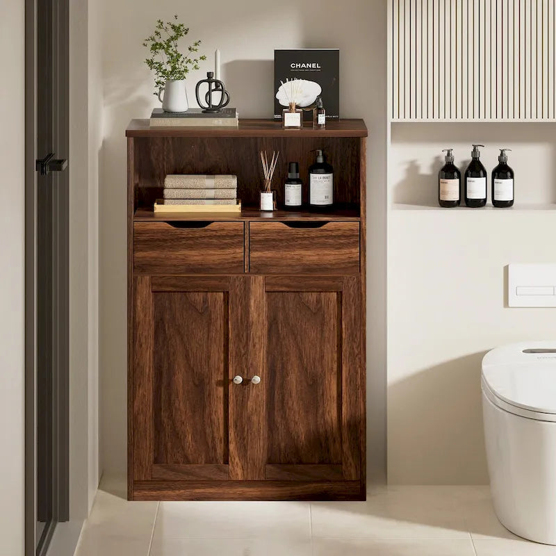 Meuble de rangement de salle de bain autoportant avec tiroirs et étagère ouverte, blanc
