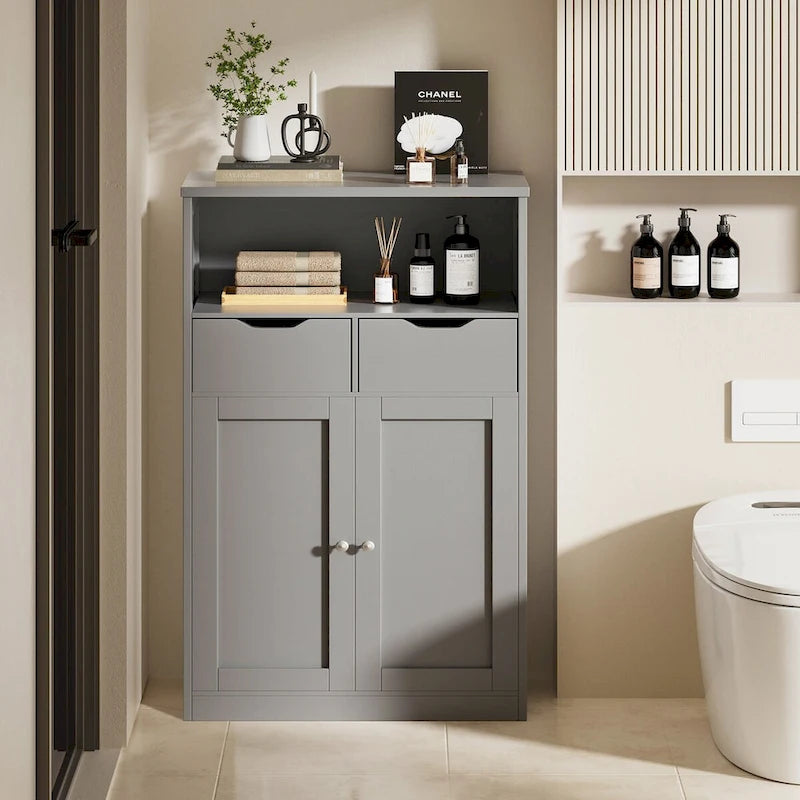 Meuble de rangement de salle de bain autoportant avec tiroirs et étagère ouverte, blanc