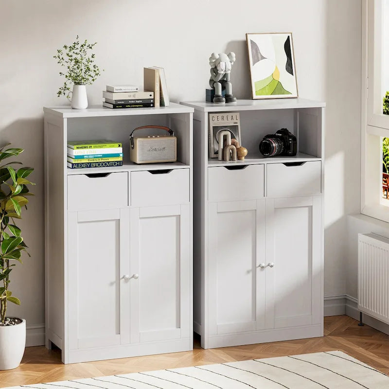 Meuble de rangement de salle de bain autoportant avec tiroirs et étagère ouverte, blanc