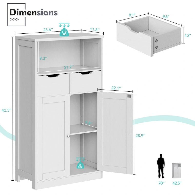Meuble de rangement de salle de bain autoportant avec tiroirs et étagère ouverte, blanc