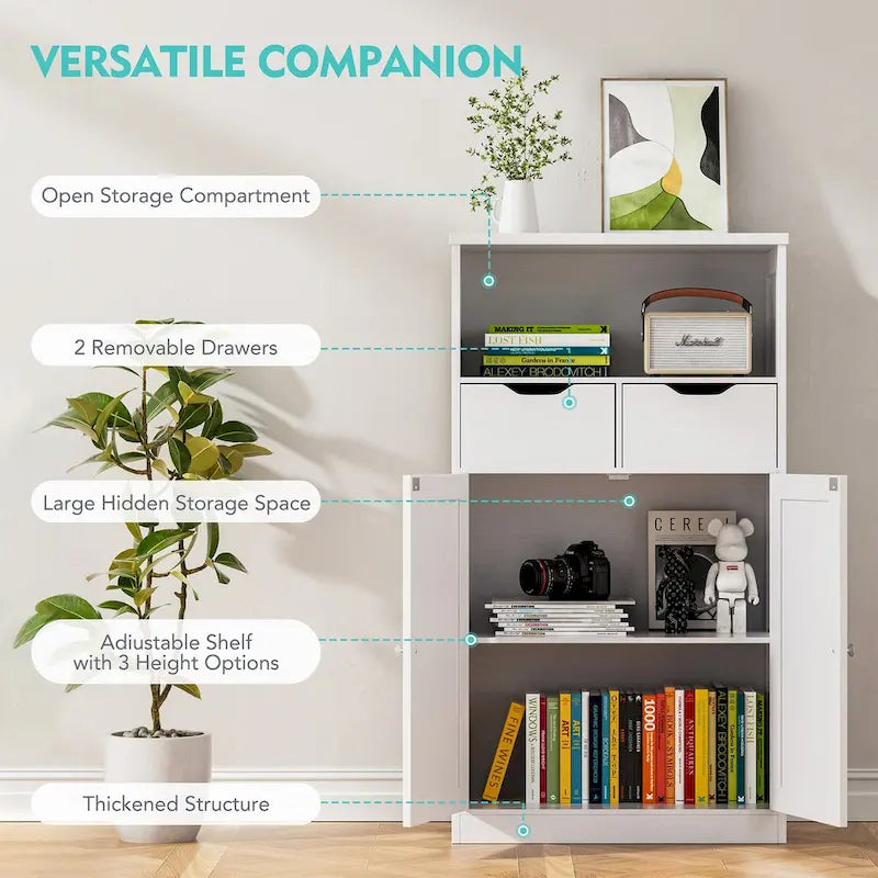 Meuble de rangement de salle de bain autoportant avec tiroirs et étagère ouverte, blanc