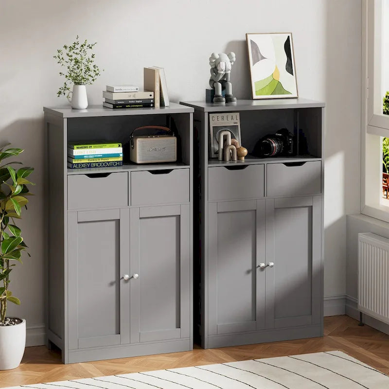 Meuble de rangement de salle de bain autoportant avec tiroirs et étagère ouverte, blanc
