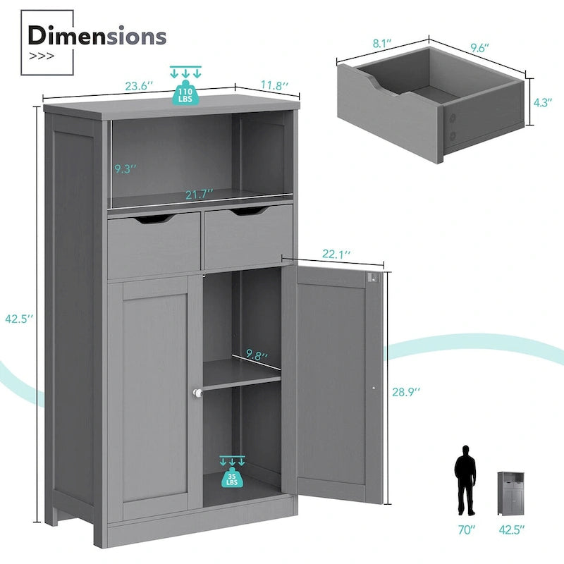 Meuble de rangement de salle de bain autoportant avec tiroirs et étagère ouverte, blanc