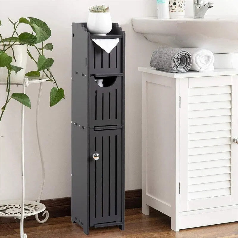 Meuble de Rangement Salle de Bain Étroit avec Porte et Tiroir, Noir ou Blanc