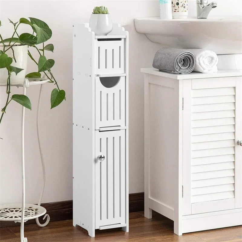 Meuble de Rangement Salle de Bain Étroit avec Porte et Tiroir, Noir ou Blanc