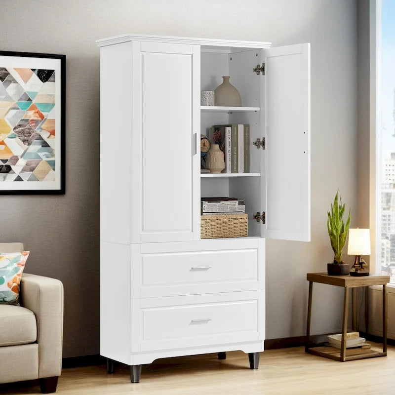 Meuble de rangement haut en bois avec double portes et deux tiroirs