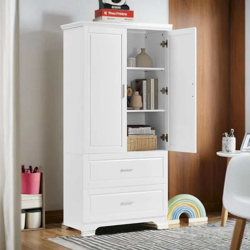 Meuble de rangement haut en bois avec double portes et deux tiroirs