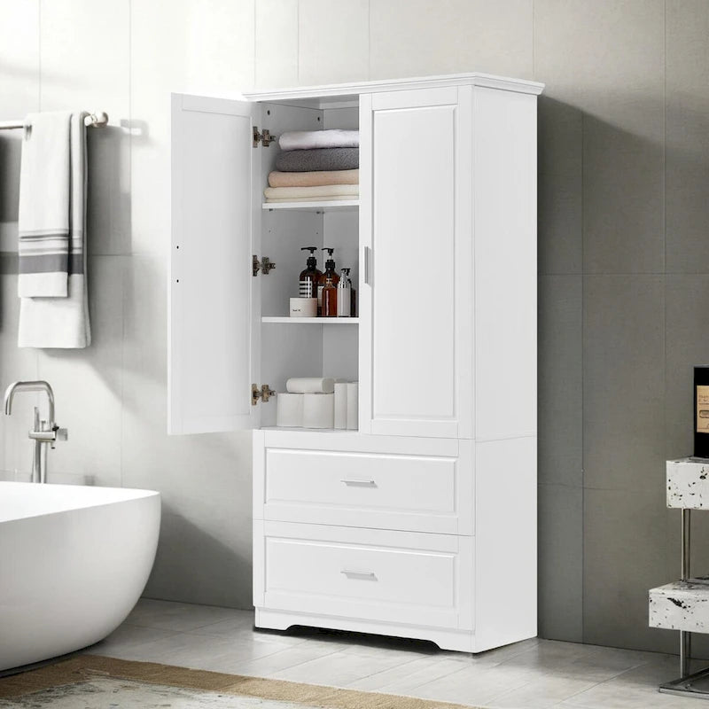 Meuble de rangement haut en bois avec double portes et deux tiroirs