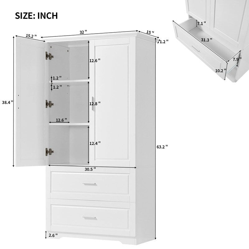 Meuble de rangement haut en bois avec double portes et deux tiroirs