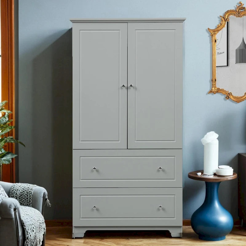 Meuble de rangement haut en bois avec double portes et deux tiroirs