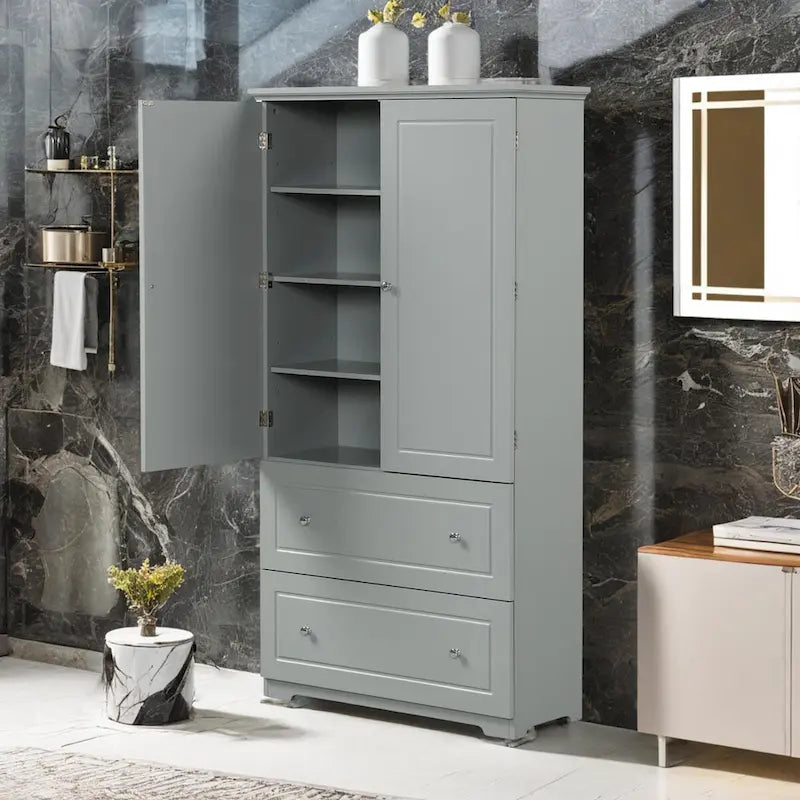 Meuble de rangement haut en bois avec double portes et deux tiroirs