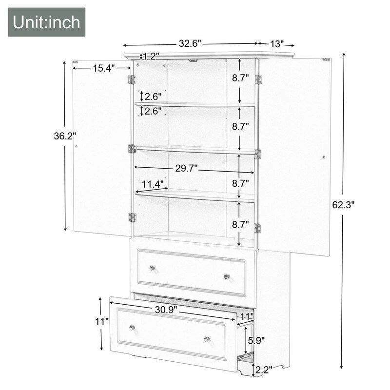 Meuble de rangement haut en bois avec double portes et deux tiroirs