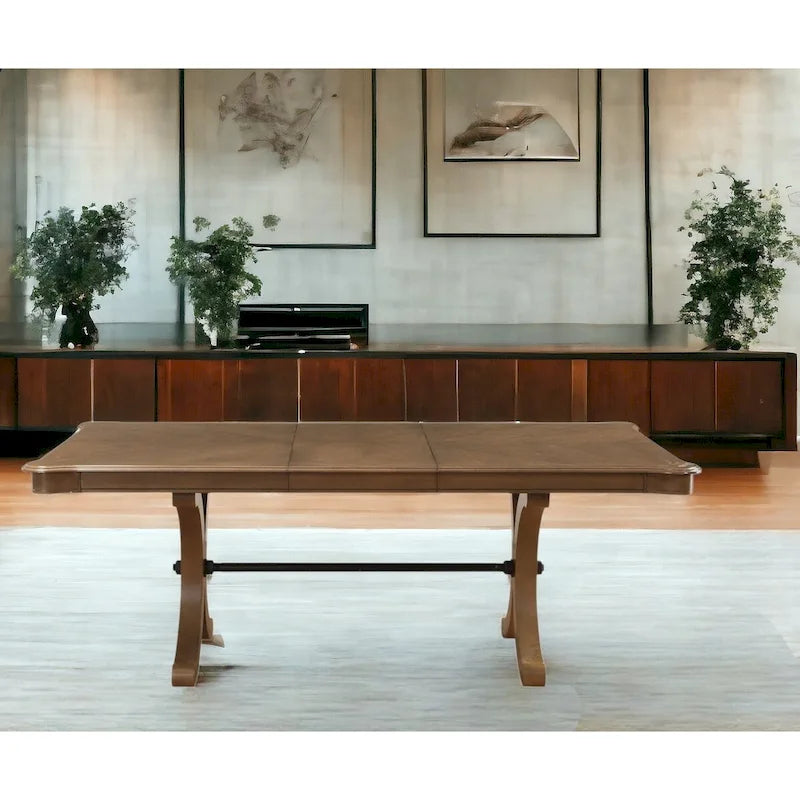 Table à manger extensible en bois massif marron avec tréteaux et rallonge amovible
