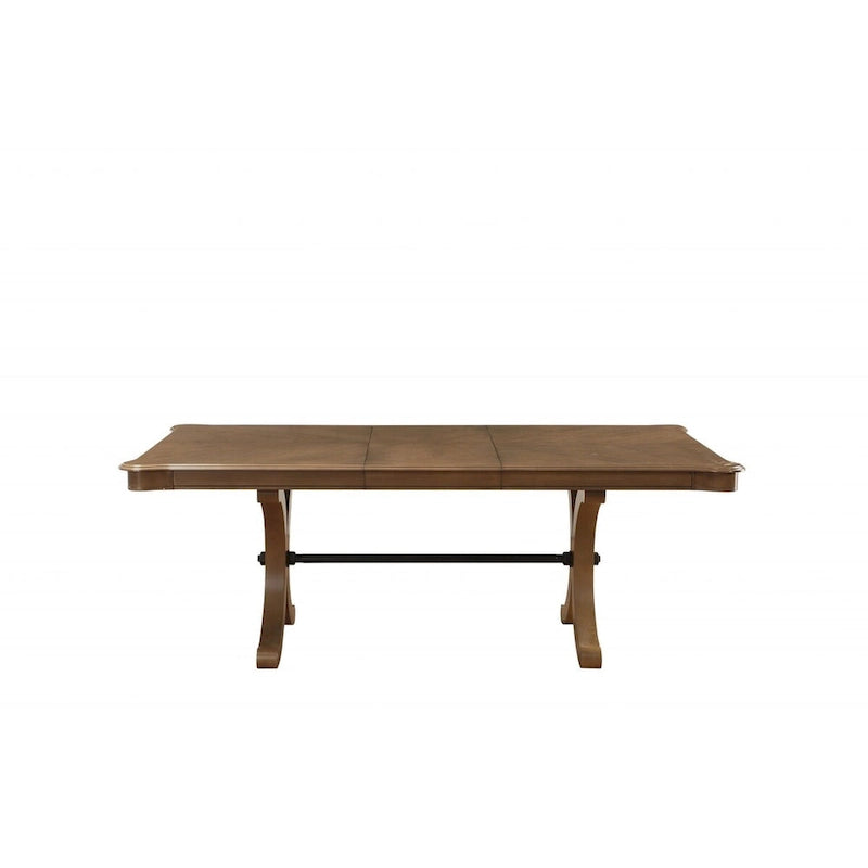 Table à manger extensible en bois massif marron avec tréteaux et rallonge amovible