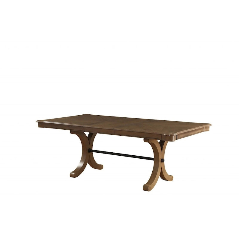 Table à manger extensible en bois massif marron avec tréteaux et rallonge amovible
