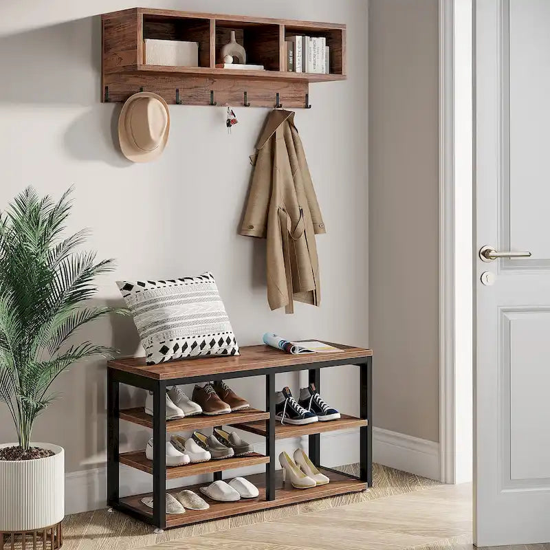 Banc à chaussures avec patères murales en bois rustique marron et métal pour entrée