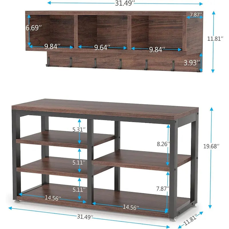 Banc à chaussures avec patères murales en bois rustique marron et métal pour entrée