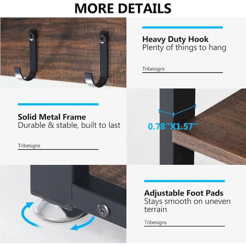 Banc à chaussures avec patères murales en bois rustique marron et métal pour entrée