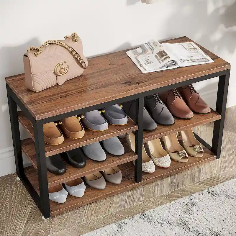 Banc à chaussures avec patères murales en bois rustique marron et métal pour entrée