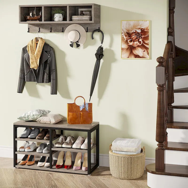 Banc à chaussures avec patères murales en bois rustique marron et métal pour entrée