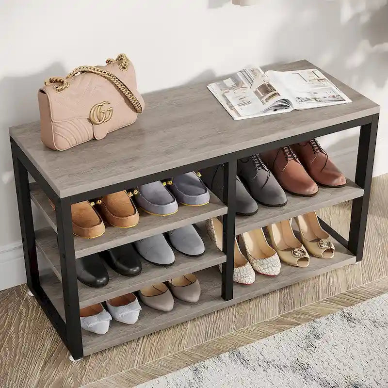 Banc à chaussures avec patères murales en bois rustique marron et métal pour entrée